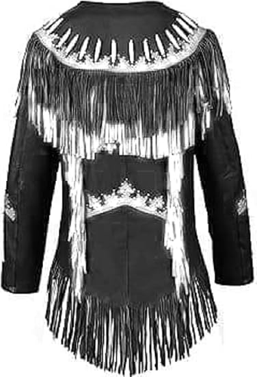 Women's Cowgirl Fashion Stylish Lamb Leather Western Fringed Jacket - Black White Texture