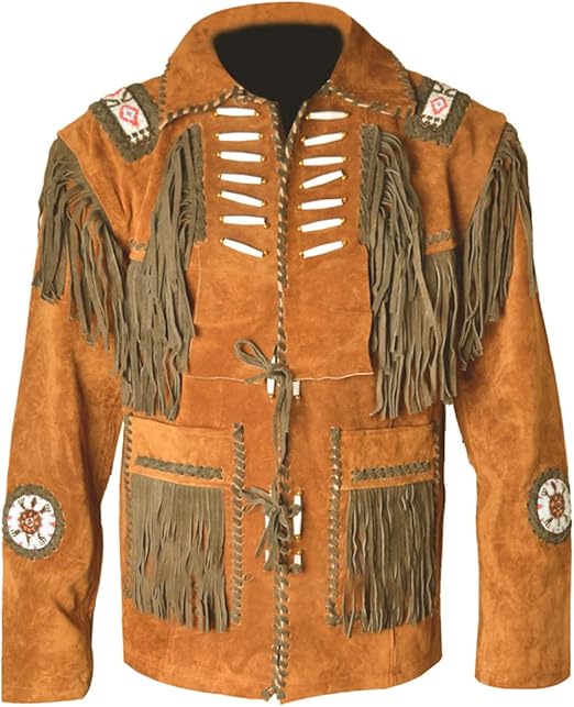 Vintage Cowboy Buckskin Suede Leather Jacket with Fringe/Beads Western Style Quality, Handcrafted Design Suede Jacket Men - Camel Brown