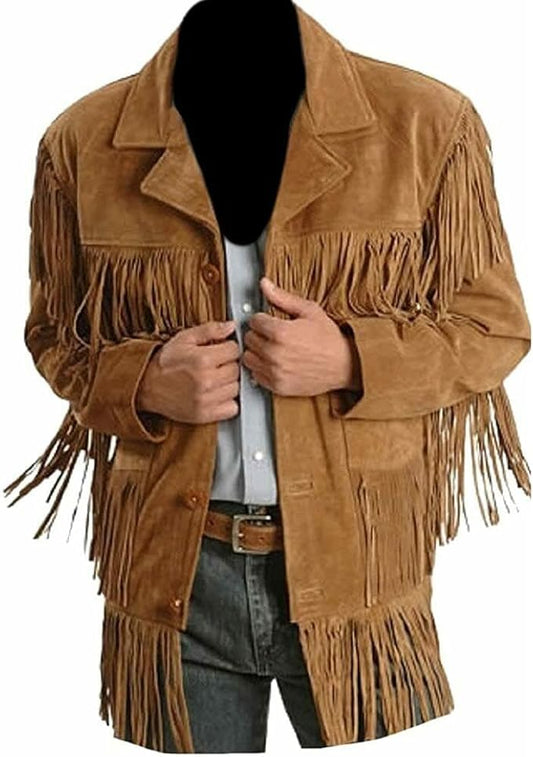 Traditional Western Cowboy Jackets for Men | Native American Brown Texture Suede leather Overcoat with Fringes