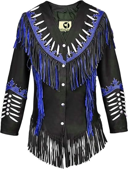 Women's Cowgirl Fashion Stylish Lamb Leather Western Fringed Jacket - Black Blue Texture