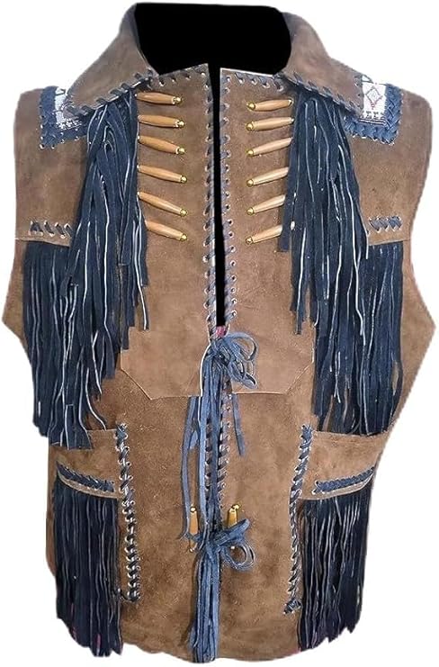 Men's Vintage Cowboy Buckskin Suede Leather Western Stylish Vest Native Handmade Work - Brown