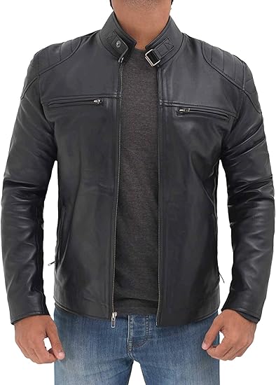 Men's Genuine Leather Jacket – Stylish Biker leather Jacket with Zip Pockets & Lining - Black Vermont