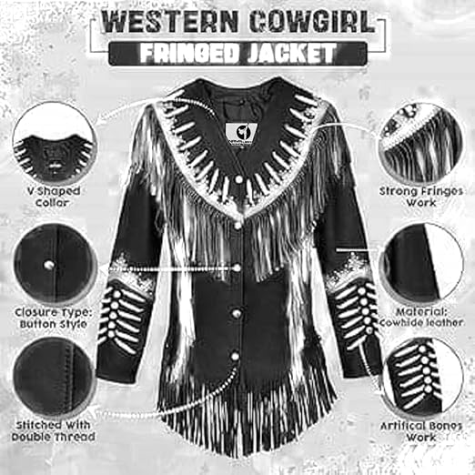 Women's Cowgirl Fashion Stylish Lamb Leather Western Fringed Jacket - Black White Texture