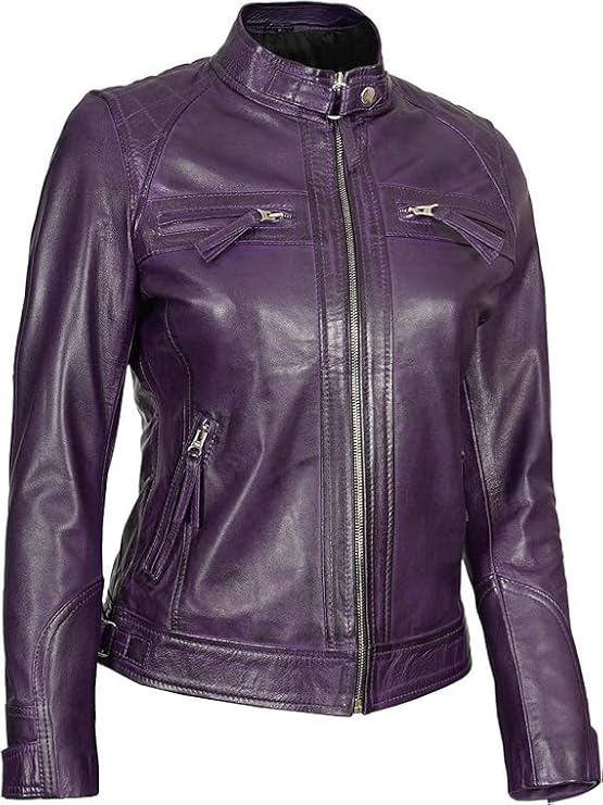 Women Real Lambskin Café Racer Style Causal And Fashion Women's Leather Jacket - Purple