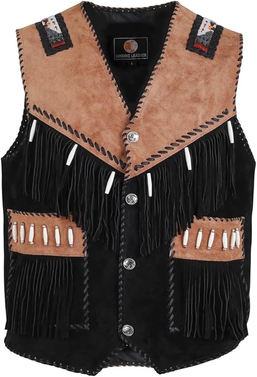 Men's Cowboy Suede Fringed Beaded Vest, Native American Western Style   Black-Brown Texture