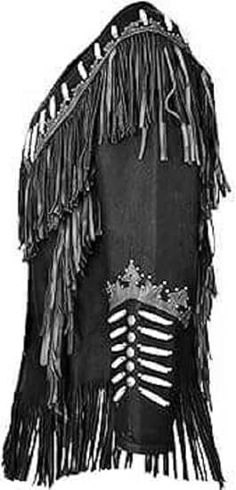 Women's Cowgirl Fashion Stylish Lamb Leather Western Fringed Jacket - Black Gray Texture