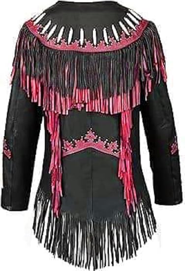 Women's Cowgirl Fashion Stylish Lamb Leather Western Fringed Jacket - Black Maroon Texture