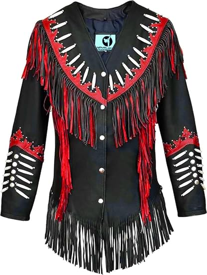 Women's Cowgirl Fashion Stylish Lamb Leather Western Fringed Jacket - Black Red Texture