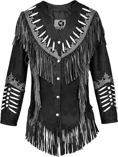 Women's Cowgirl Fashion Stylish Lamb Leather Western Fringed Jacket - Black Gray Texture