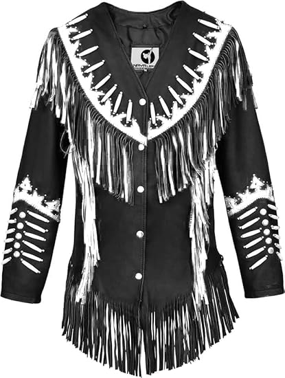 Women's Cowgirl Fashion Stylish Lamb Leather Western Fringed Jacket - Black White Texture