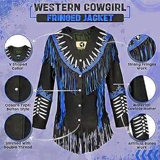 Women's Cowgirl Fashion Stylish Lamb Leather Western Fringed Jacket - Black Blue Texture