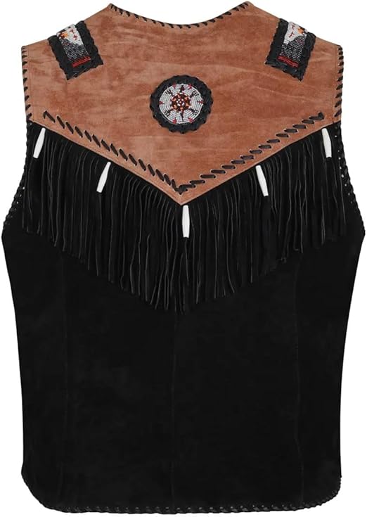 Men's Cowboy Suede Fringed Beaded Vest, Native American Western Style   Black-Brown Texture