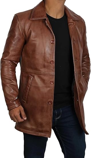 Coats for Men Vintage Style Long Leather Jacket - Brown