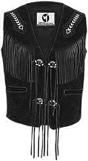 Men's Vintage Suede Leather Cowboy Western Fringe Jacket with Native Bead - Black