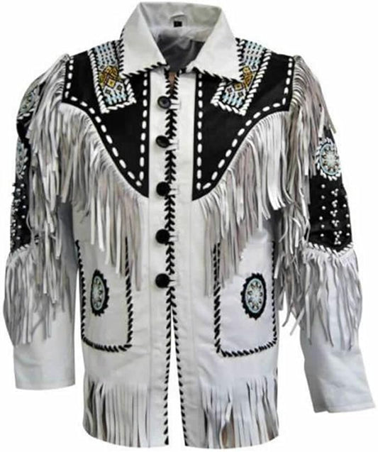 Men's Western Genuine Cowhide Leather Jacket| Traditional Native American Black & White Texture Cowhide Cowboy Coat with Fringe