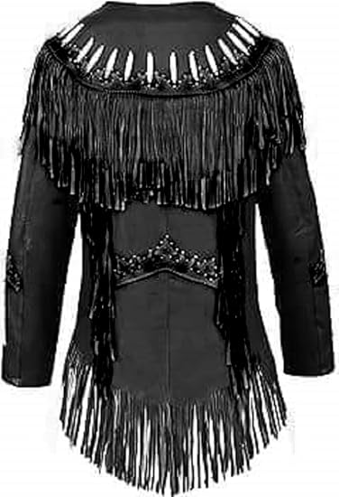 Women's Cowgirl Fashion Stylish Lamb Leather Western Fringed Jacket - Black