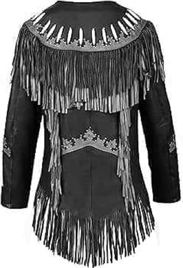 Women's Cowgirl Fashion Stylish Lamb Leather Western Fringed Jacket - Black Gray Texture