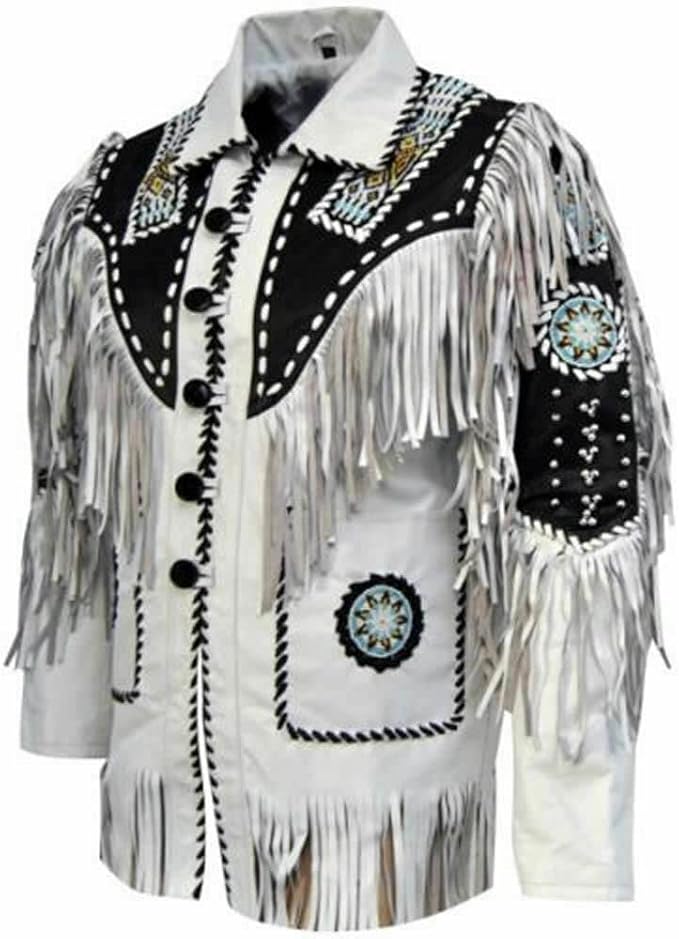 Men's Western Genuine Cowhide Leather Jacket| Traditional Native American Black & White Texture Cowhide Cowboy Coat with Fringe