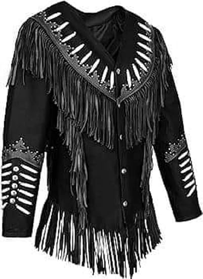 Women's Cowgirl Fashion Stylish Lamb Leather Western Fringed Jacket - Black Gray Texture