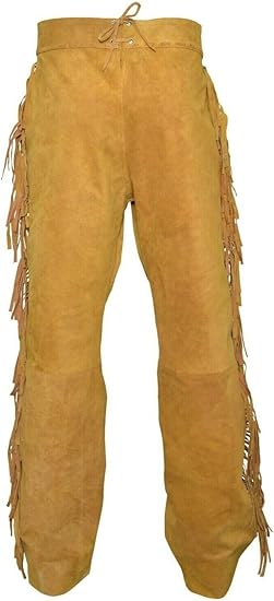 Men's Cowboy Buckskin Suede Leather Western Pant with Fringe - Gold