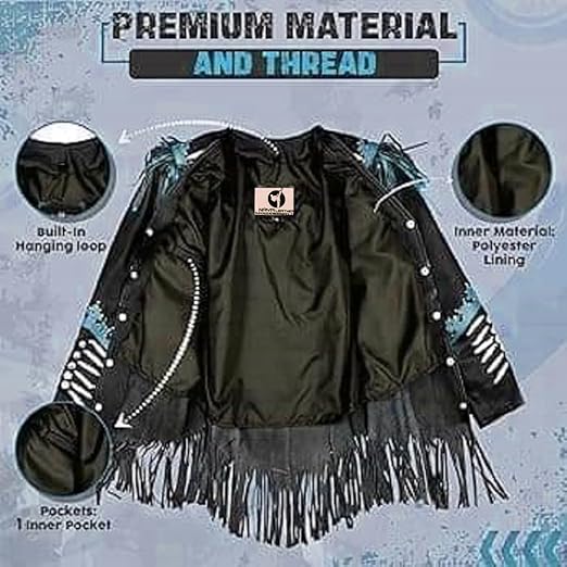 Women's Cowgirl Fashion Stylish Lamb Leather Western Fringed Jacket - Black Turkish Texture