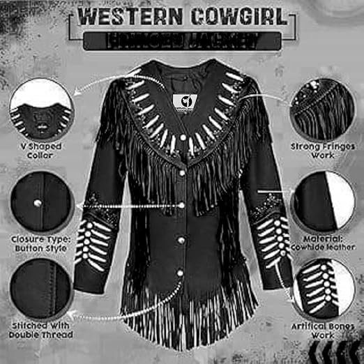 Women's Cowgirl Fashion Stylish Lamb Leather Western Fringed Jacket - Black