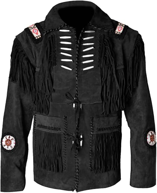 Vintage Cowboy Buckskin Suede Leather Jacket with Fringe/Beads Western Style Quality, Handcrafted Design Suede Jacket Men - Black