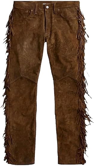 Men's Cowboy Buckskin Suede Leather Western Pant with Fringe - Brown 2