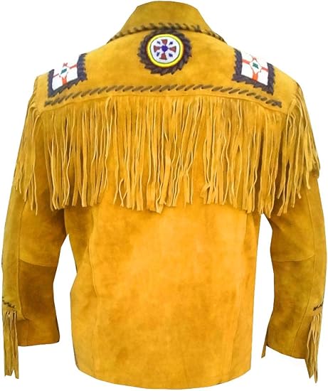 Men's Cowboy Eagle Beads Western Suede Leather Coat Native Fringes Jacket - Golden