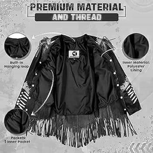 Women's Cowgirl Fashion Stylish Lamb Leather Western Fringed Jacket - Black Beige Texture