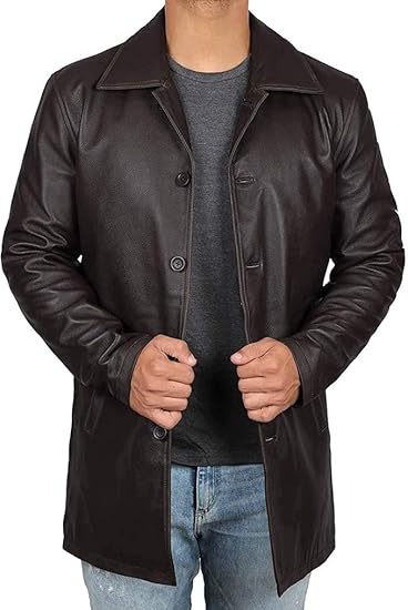 Coats for Men Vintage Style Long Leather Jacket  - Brown