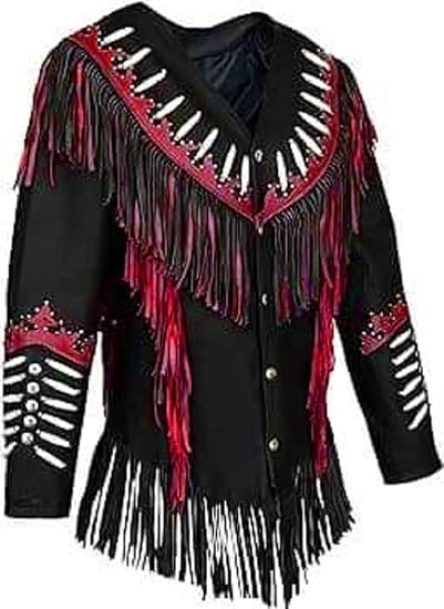 Women's Cowgirl Fashion Stylish Lamb Leather Western Fringed Jacket - Black Red Texture