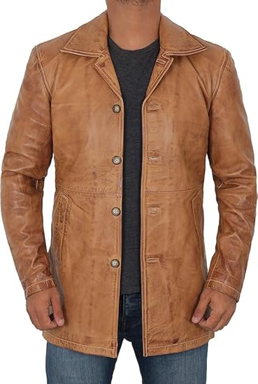 Coats for Men Vintage Style Long Leather Jacket  - Camel Brown