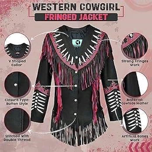 Women's Cowgirl Fashion Stylish Lamb Leather Western Fringed Jacket - Black Maroon Texture