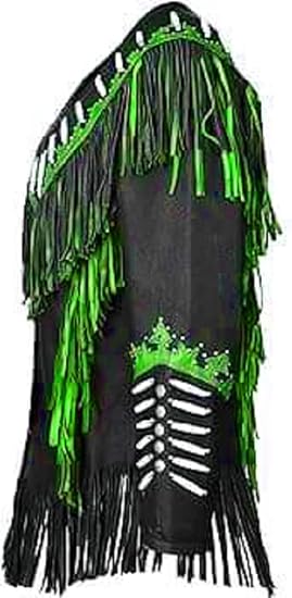 Women's Cowgirl Fashion Stylish Lamb Leather Western Fringed Jacket - Black Green Texture