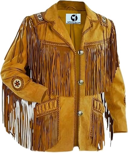 Men's Traditional Cowboy Western Leather Jacket | Native American Suede Coat with Beaded & Fringed - Golden