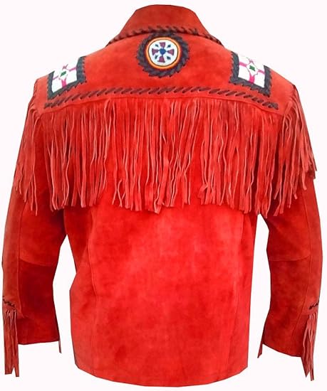 Men's Cowboy Eagle Beads Western Suede Leather Coat Native Fringes Jacket - Red