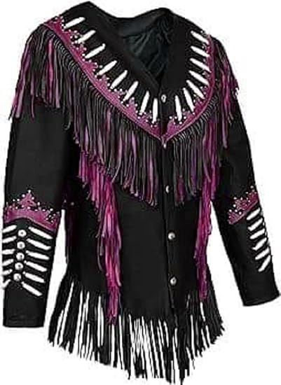 Women's Cowgirl Fashion Stylish Lamb Leather Western Fringed Jacket - Black Maroon Texture