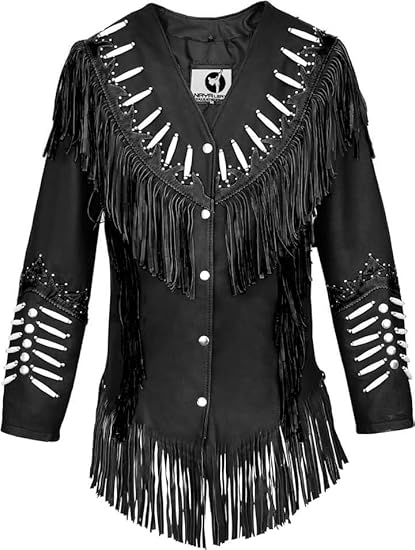 Women's Cowgirl Fashion Stylish Lamb Leather Western Fringed Jacket - Black