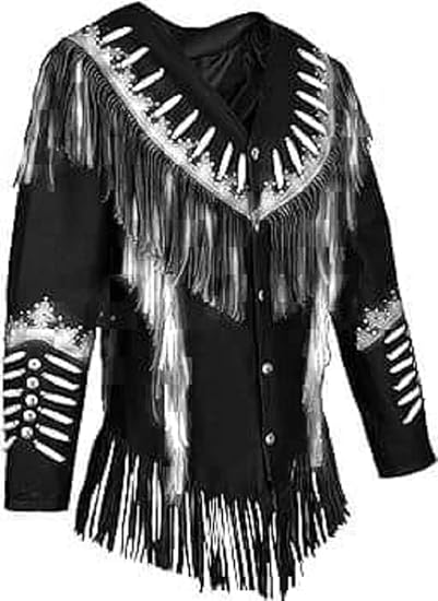 Women's Cowgirl Fashion Stylish Lamb Leather Western Fringed Jacket - Black White Texture