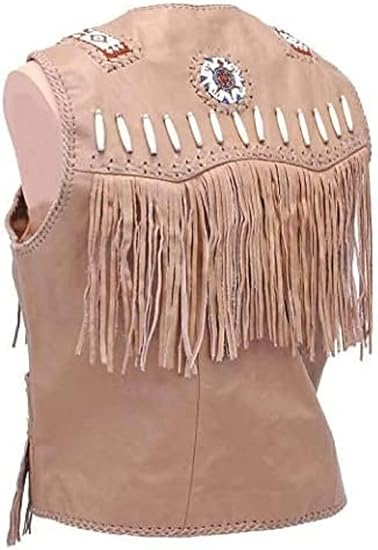 Cowboy Cow Leather Fringed &Native American Western Beaded Vest for Men's - Beige