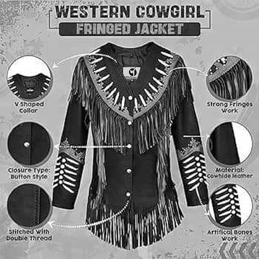 Women's Cowgirl Fashion Stylish Lamb Leather Western Fringed Jacket - Black Gray Texture