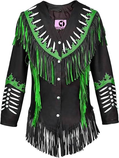 Women's Cowgirl Fashion Stylish Lamb Leather Western Fringed Jacket - Black Green Texture