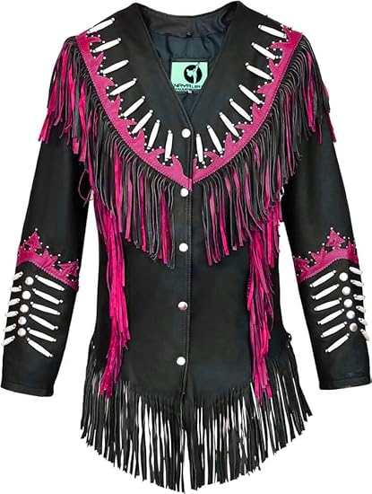 Women's Cowgirl Fashion Stylish Lamb Leather Western Fringed Jacket - Black Maroon Texture