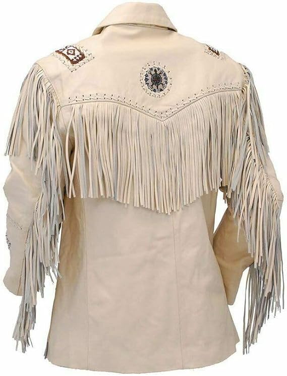 Men's Western Genuine Cowhide Leather Jacket| Traditional Native American White Beige Texture Cowhide Cowboy Coat with Fringe