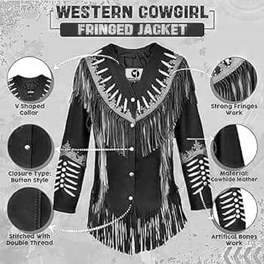 Women's Cowgirl Fashion Stylish Lamb Leather Western Fringed Jacket - Black Beige Texture