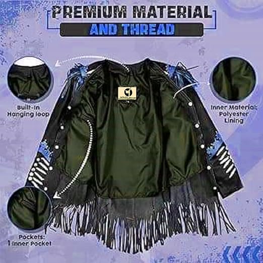 Women's Cowgirl Fashion Stylish Lamb Leather Western Fringed Jacket - Black Blue Texture