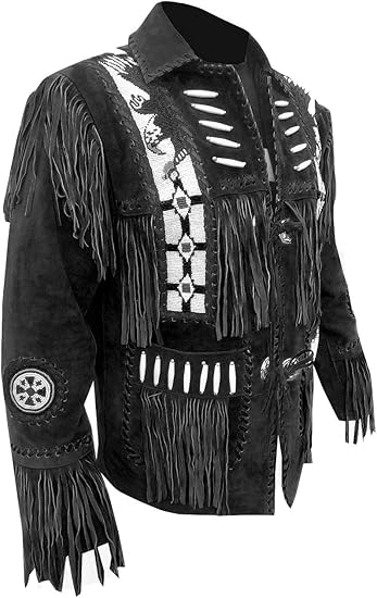 Men's Cowboy Eagle Beads Western Suede Leather Coat Native Fringes Jacket - Black