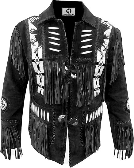 Men's Cowboy Eagle Beads Western Suede Leather Coat Native Fringes Jacket - Black