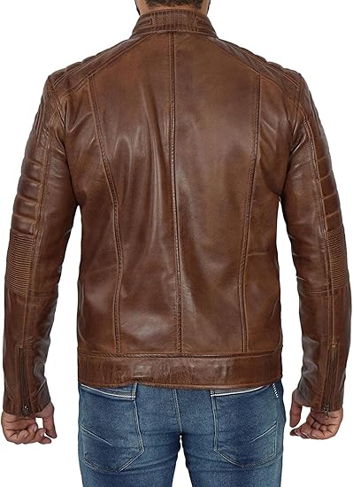 Men's Genuine Leather Jacket – Stylish Biker leather Jacket with Zip Pockets & Lining - Coffee